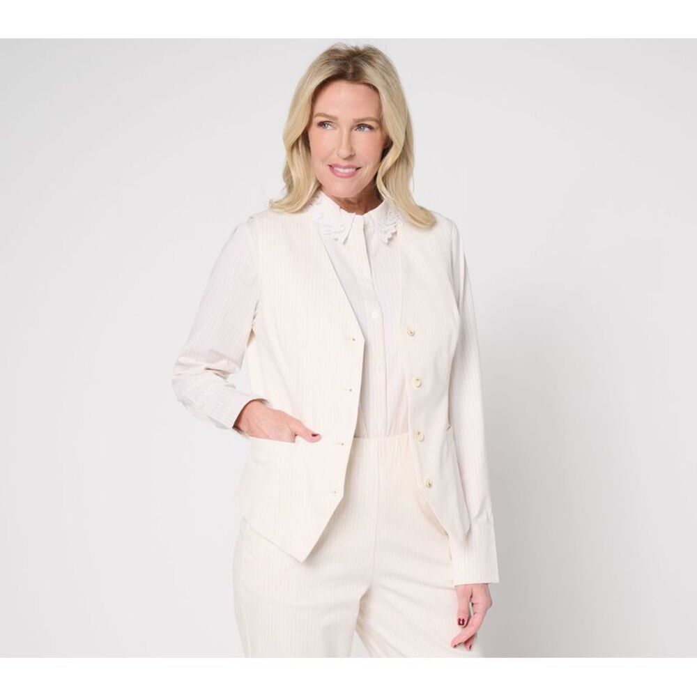 Turbie Twist Women's Jacket Sz L Striped V-Neck Button Front Vest White A704513